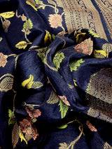 Navy Blue Color Banarasi  Semi Gorgette Dupion Soft Silk with Floral Meenakari Work