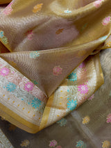Statement Handmade Yellow Gold Color Banarasi Tissue Silk | Tissue Silk Sarees | Ships from California