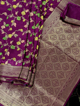 Purple Color Banarasi Semi Gorgette Dupion Soft Silk with Floral Meenakari Work
