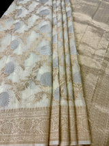 Ivory Linen Silk Saree | Banarasi Border, Floral Jaal Weave