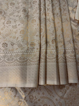 Statement Ivory Color Saree with Muted Gold Zari Weave | Floral Jaal with grand borders
