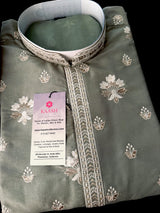 Moss Green Soft Silk Men Kurta Pajama with Embroidery and Zari Weave - close-up | Kurta | Kaash Collection