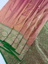 Silk Mark Certified Rose Gold Katan Silk Saree | Green Color Border