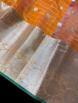 Mango Yellow Color Banarasi Kora Organza Silk Saree in Checks with Wide Border and Sliver Zari