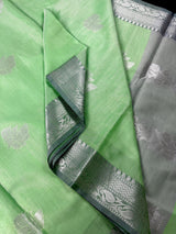 Green Color Banarasi Silk Cotton Saree with Sliver Zari Borders and Floral Buttas