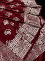 Maroon saree in banarasi mashru silk with muted gold zari weave — Kaash Collection