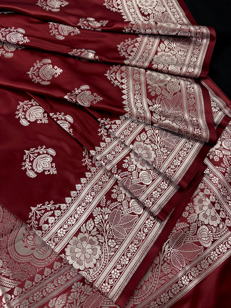 Maroon saree in banarasi mashru silk with muted gold zari weave — Kaash Collection