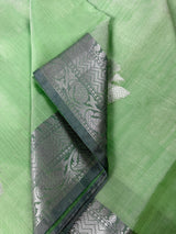 Green Color Banarasi Silk Cotton Saree with Sliver Zari Borders and Floral Buttas