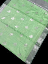 Green Color Banarasi Silk Cotton Saree with Sliver Zari Borders and Floral Buttas