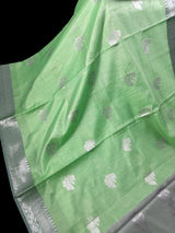 Green Color Banarasi Silk Cotton Saree with Sliver Zari Borders and Floral Buttas