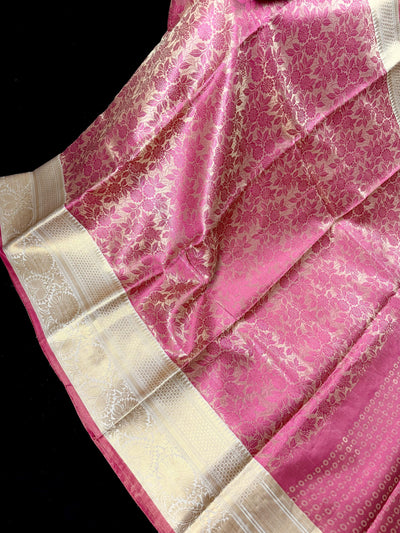 Statement Handmade Gold Banarasi Silk with Rose Pink Floral Jaal Saree