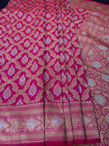 Rani Pink Color Banarasi  Handloom Saree | Floral design in Sliver and Gold - drape view | Saree | Kaash Collection