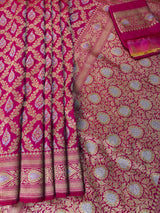 Rani Pink Color Banarasi  Handloom Saree | Floral design in Sliver and Gold - full view | Saree | Kaash Collection
