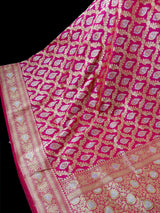 Rani Pink Color Banarasi  Handloom Saree | Floral design in Sliver and Gold - side view | Saree | Kaash Collection