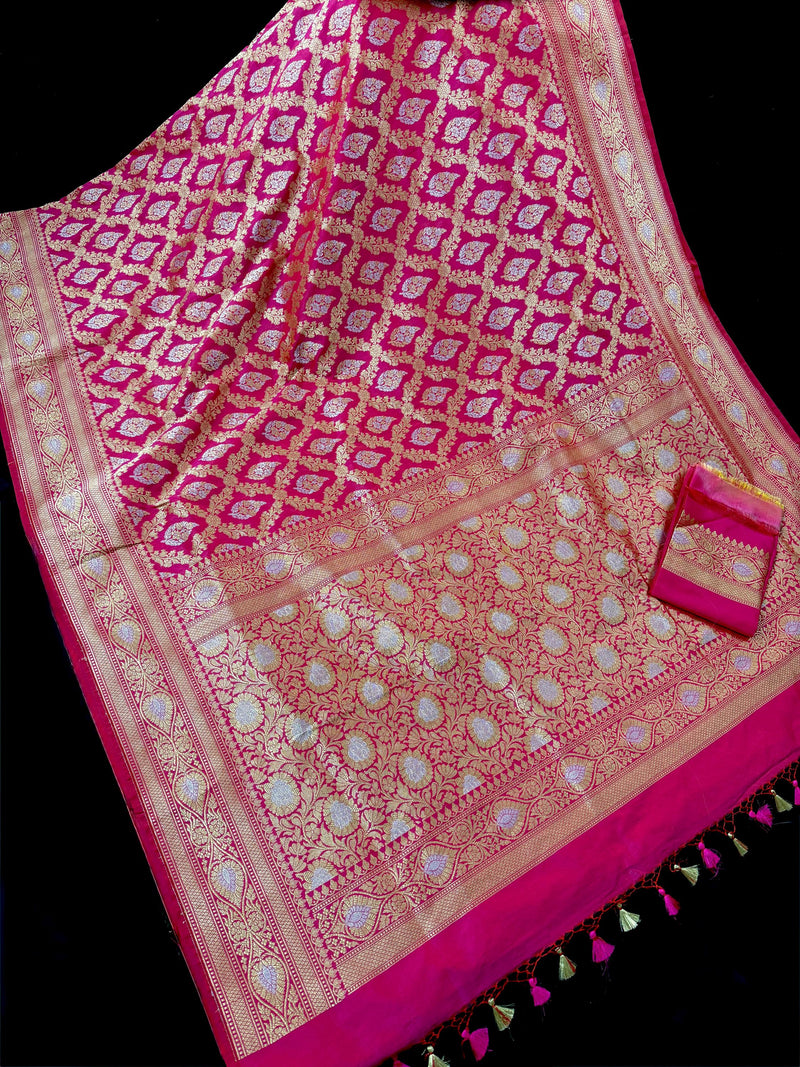 Rani Pink Color Banarasi  Handloom Saree | Floral design in Sliver and Gold | Saree | Kaash Collection