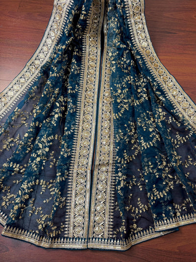 Statement Teal Color Organza Silk Dupatta with Muted Gold Zari, Embroidery and Sequins | Wedding Dupattas | Lehangas Dupatta