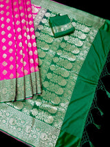 Magenta Pink with Bottle Green Traditional Banarasi Handloom Saree - detail view | Saree | Kaash Collection