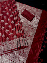 Maroon Color Mashru Silk Handloom Saree with Muted Gold Zari Weave | Banarasi Mashru Silk Saree