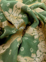 Mint Green and Teal Color Pure Khaddi Georgette Silk Bandhej Bandhani Saree - drape view | Saree | Kaash Collection