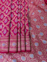 Rani Pink Color Banarasi  Handloom Saree | Floral design in Sliver and Gold - close-up | Saree | Kaash Collection