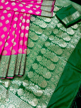 Magenta Pink with Bottle Green Traditional Banarasi Handloom Saree - side view | Saree | Kaash Collection