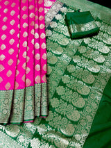 Magenta Pink with Bottle Green Traditional Banarasi Handloom Saree - view 8 | Saree | Kaash Collection