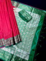 Dual Shade Redish Pink Banarasi Silk Saree with Green Border Pallu - full view | Saree | Kaash Collection