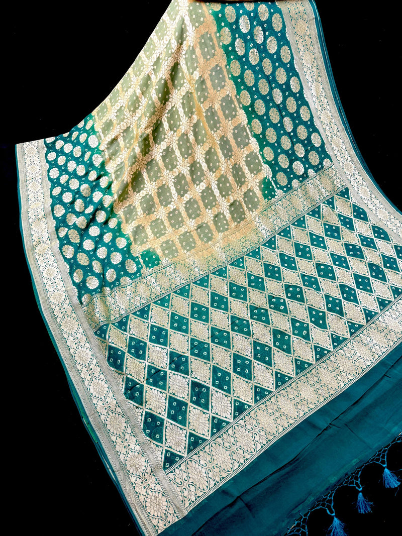 Mint Green and Teal Color Pure Khaddi Georgette Silk Bandhej Bandhani Saree | Saree | Kaash Collection