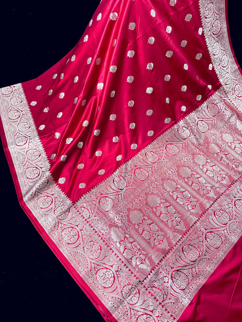Handloom Banarasi Mashru Silk Saree | Deep Magenta Pink, Gold Zari Weave, Party | Saree | Kaash Collection