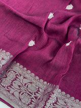 Deep Purple Color Bengal Linen Handwoven Saree with Sliver Zari Weave with small Buttis