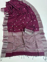 Deep Purple Color Bengal Linen Handwoven Saree with Sliver Zari Weave with small Buttis