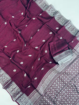 Deep Purple Color Bengal Linen Handwoven Saree with Sliver Zari Weave with small Buttis
