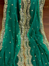 Rama Green Net Dupatta, Gold Zari Sequin Beadwork, Indian Wedding Wear