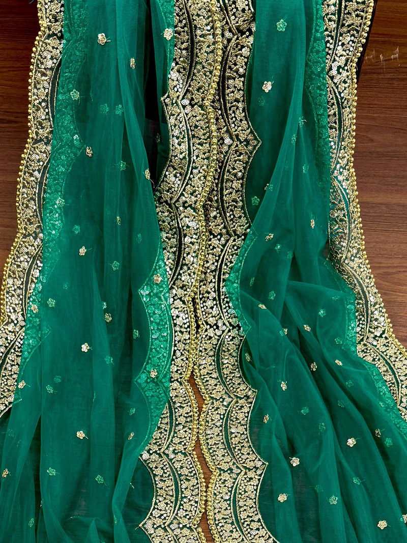 Rama Green Net Dupatta, Gold Zari Sequin Beadwork, Indian Wedding Wear