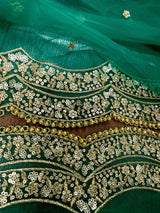 Rama Green Net Dupatta, Gold Zari Sequin Beadwork, Indian Wedding Wear