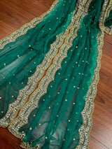 Rama Green Net Dupatta, Gold Zari Sequin Beadwork, Indian Wedding Wear