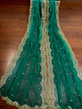 Rama Green Net Dupatta, Gold Zari Sequin Beadwork, Indian Wedding Wear