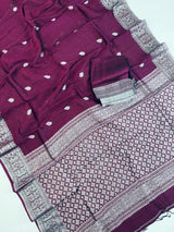 Deep Purple Color Bengal Linen Handwoven Saree with Sliver Zari Weave with small Buttis