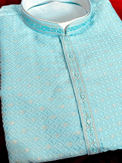 Men Sky Blue Zari Diamond Weave Jacquard Kurta - Wedding & Festive Outfit