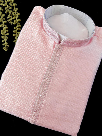 Mens Baby Pink Color Zari Diamond Weave Jacquard Kurta - Wedding & Festive Outfit