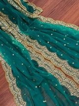 Rama Green Net Dupatta, Gold Zari Sequin Beadwork, Indian Wedding Wear