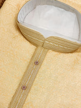 Yellow jacquard silk men's kurta pajama set with embossed embroidery — Kaash Collection