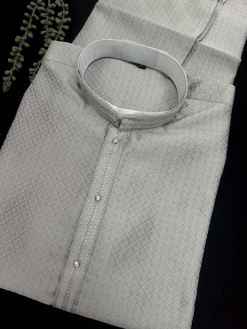 Steel Sliver Color Kurta with Self Design | Wedding & Party Wear