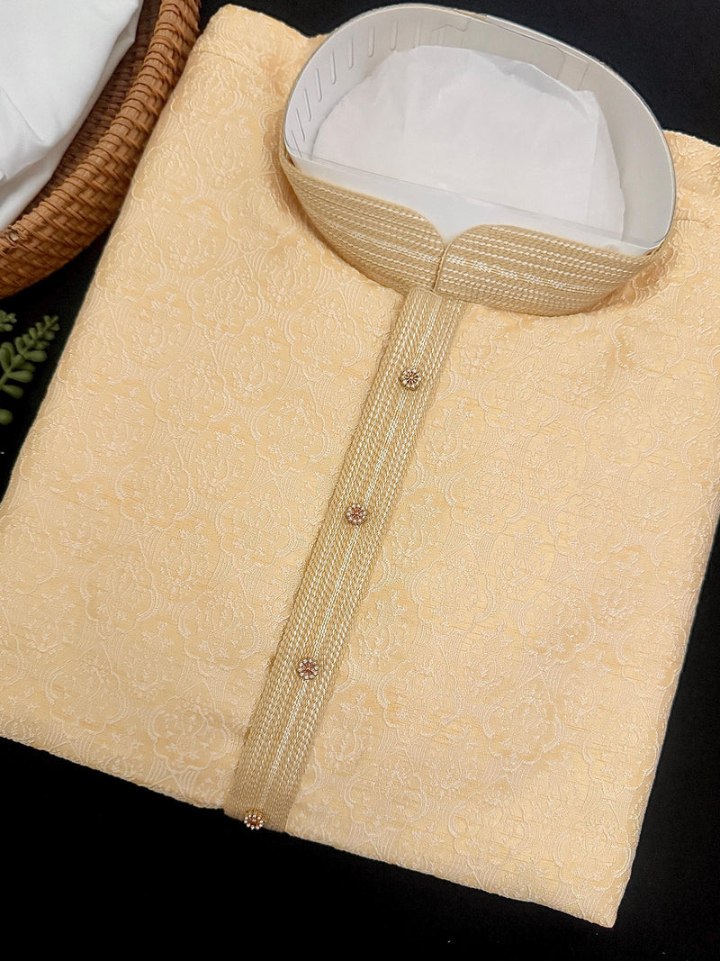 Yellow jacquard silk men's kurta pajama set with embossed embroidery — Kaash Collection