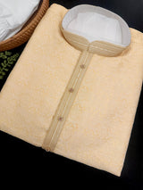 Yellow jacquard silk men's kurta pajama set with embossed embroidery — Kaash Collection