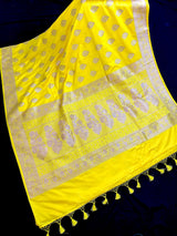 Bright Lemon Yellow Banarasi Mashru Silk Saree, Muted Gold Zari Weave, Small Border - Kaash Collection