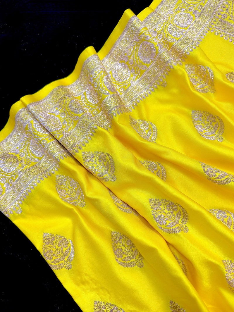Bright Lemon Yellow Banarasi Mashru Silk Saree, Muted Gold Zari Weave, Small Border - Kaash Collection
