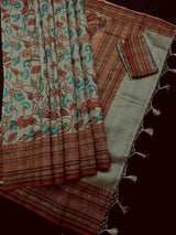 Deep Olive Green Color Semi Tussar Saree with Kalamkari and Radha Krishna with a Peacock Digital Prints - Kaash Collection