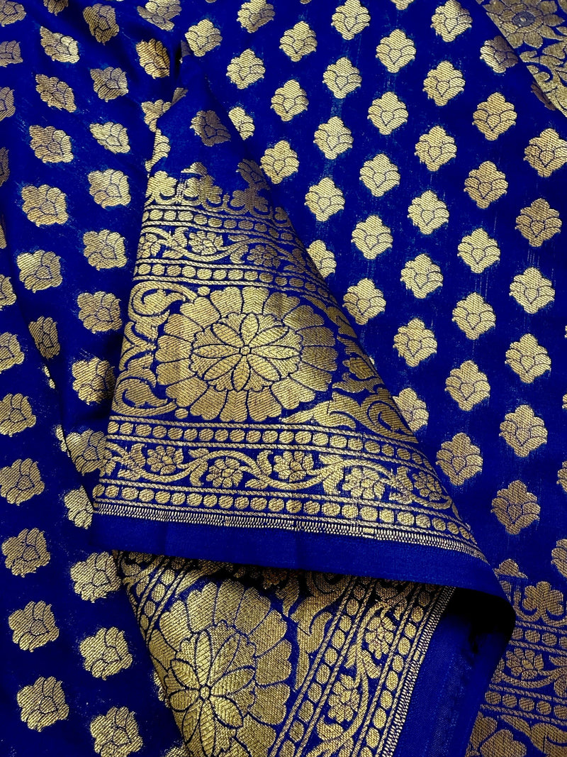 Blue Color Banarasi Silk Saree with Muted Gold Zari Weave - Kaash Collection