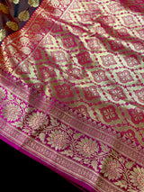 Dual wrap Banarasi Silk Saree in Rust and Dark Green tone with Hot Pink Satin Patta Wide Border - Kaash Collection